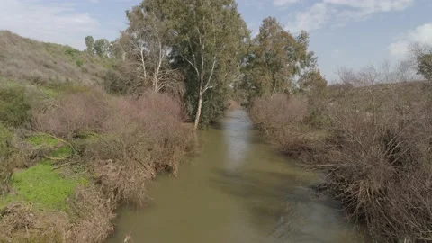 Jordan river aerial push trees Stock Footage 139681895