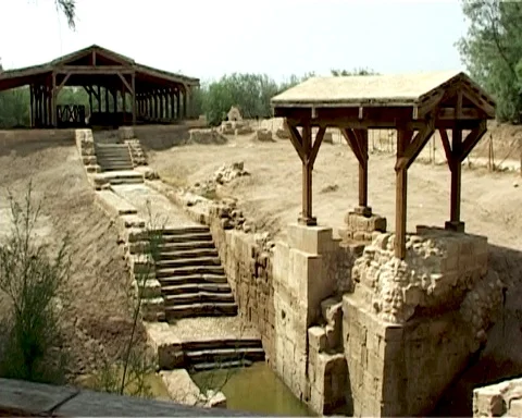 Jordan River. Place of baptism of Jesus Christ in Jordan. Holy place Al-maghtas Stock Footage 120804012