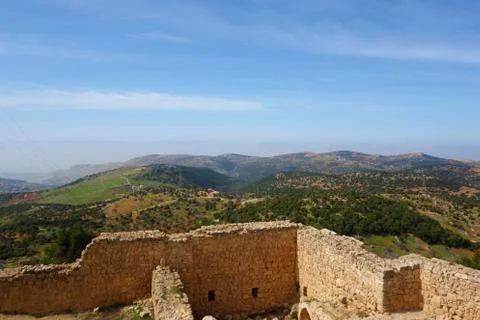 The Jordan Valley seen from the Ajloun Castle, Muslim castle built by the Ayy Stock Photos