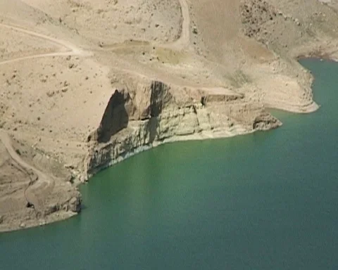 Jordan. View to Wadi Al Mujib Dam in Arnon Gorge with freshwater lake after dam Stock Footage 126008628