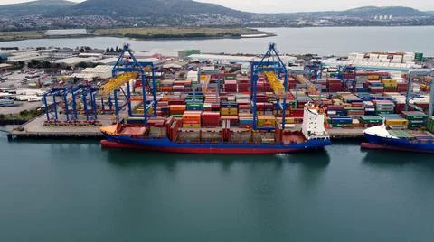 JORK RULER and BG RUBY unloading Containers by Crane working Container Termin Stock Photos