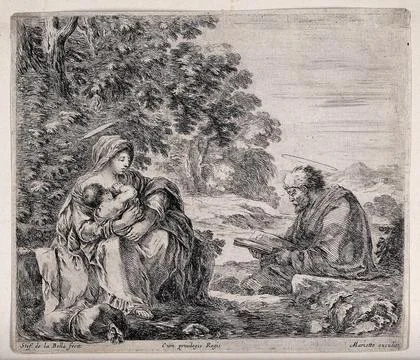 Joseph reads from the Bible while the Virgin Mary breast feeds Jesus. Etchi.. Stock Illustration