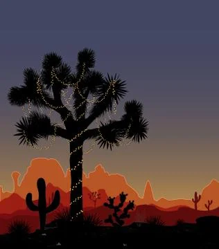 Joshua tree decorated with a string of lights. Mountaind, decorated cactil, C Stock Illustration