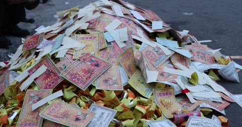 Joss paper money stack for burning on Chinese hungry ghost festival Stock-Footage 249978979