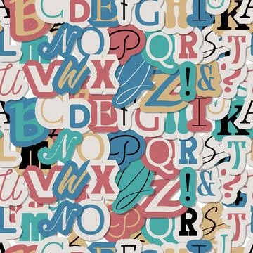 Journal cut letters seamless pattern. Vintage Colorful alphabet letters made of Stock Illustration