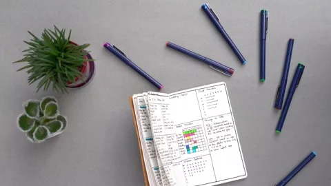 Journal with habit tracker kept open on a desk with plants and color pens 動画素材 147134965