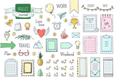 Journal hand drawn elements. Doodle bullets, color notebook schedule calendar Stockillustratie