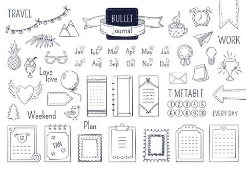 Journal hand drawn elements. Notebook doodle bullets, schedule calendar diary Illustrazione stock
