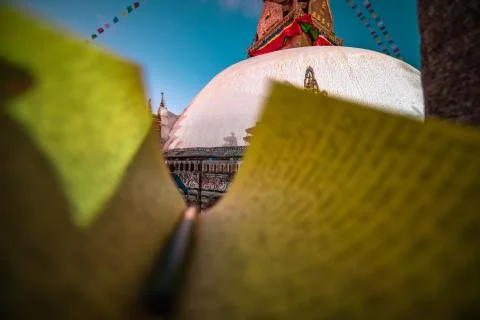 A journal notecopy placed against a monastery outdoors at an evening. writing Stock Photos