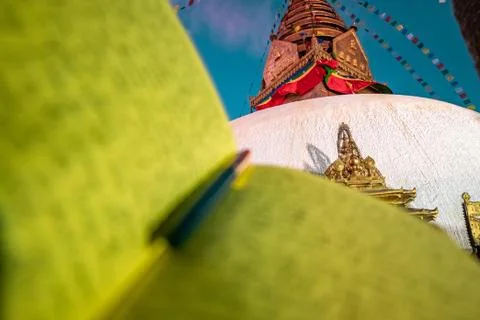 A journal notecopy placed against a monastery outdoors at an evening. writing Stock Photos