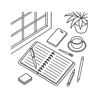 Journaling and office stationery vector line illustration with spiral notebook, 스톡 일러스트