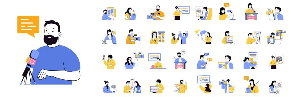 Journalism concept mega set with character scenes in flat design for web. B.. 库存插图