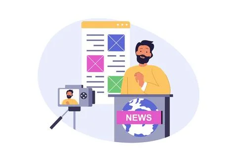 Journalism concept in modern flat design for web. Man working as presenter in Stock Illustration