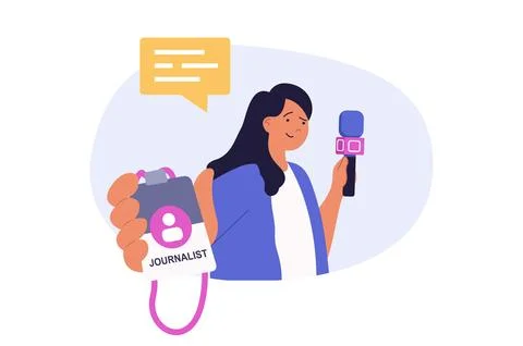 Journalism concept in modern flat design for web. Woman with microphone worki Stock Illustration
