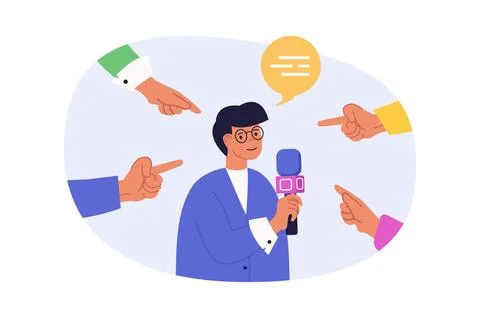 Journalism concept in modern flat design for web. Man with microphone comment 스톡 일러스트