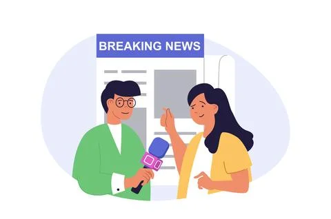 Journalism concept in modern flat design for web. Man with microphone getting Stock Illustration