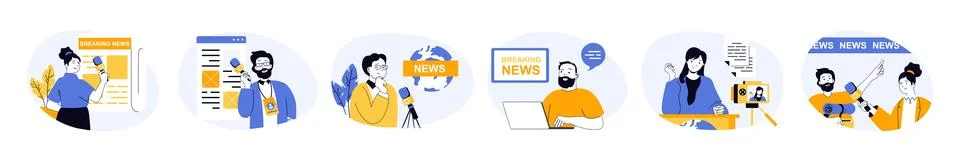 Journalism concept set with characters in flat design for web. People make ar 库存插图