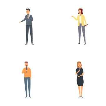 Journalism icons set cartoon vector. Man and woman journalist broadcasting live Stock Illustration