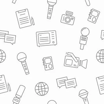Journalism seamless pattern vector with line icons. News interviewer attributes Stock Illustration