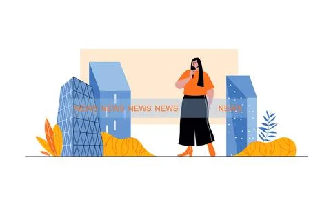 Journalism web concept with people in flat cartoon design. Woman journalist w イラスト素材