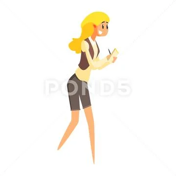 Journalist With Block note And Pen, Official Press Reporter Working, Collecting Stock Illustration