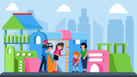 Journalist with camera interview kid at city playground, vector illustration Illustrazione stock