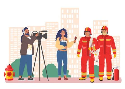 Journalist, cameraman shooting interview with two firefighters, flat vector Stock Illustration
