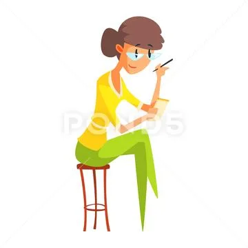 Journalist In Glasses Taking Notes, Official Press Reporter Working, Collecting Stock Illustration