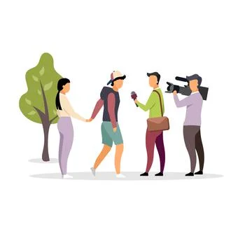 Journalist interviewing couple on street flat vector illustration Ilustração Stock
