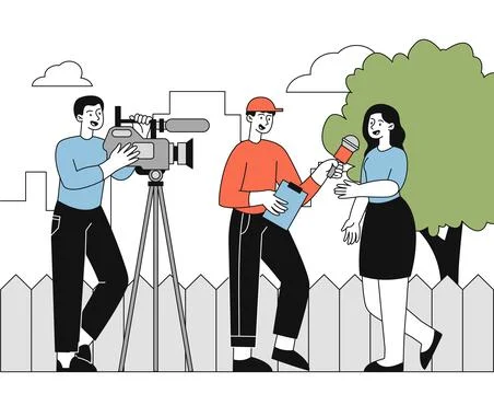 Journalist interviews concept. Men with camera and microphone ask questions to Stock Illustration