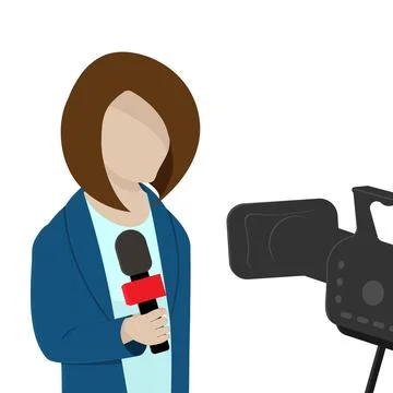 A journalist with a microphone is reporting. White background. Stock Illustration