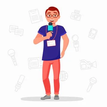 Journalist with microphone vector flat illustration . News reporter isolater on Stock Illustration