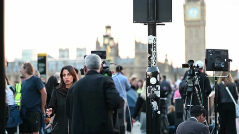 A journalist reporting the news of the queue for the Queen Lying in State Video stock 210836032