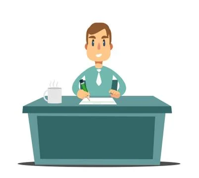 Journalist sitting at the table and writing notes on a piece of paper with a pen Stock Illustration