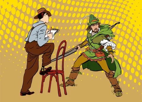 Journalist writes the text. Journalist interviewing Robin Hood. Retro journalist Stock Illustration