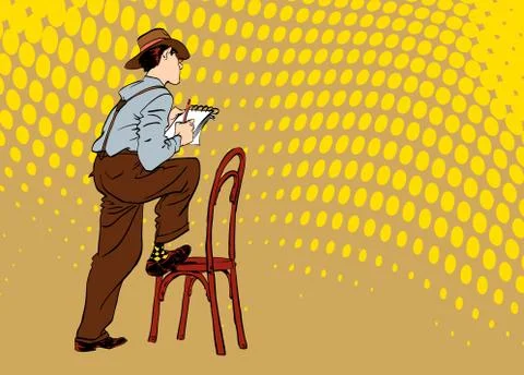 Journalist writes the text. Journalist interviewing somebody. Retro journalist. Stock Illustration