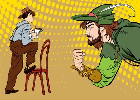 Journalist writes the text. Journalist interviewing Robin Hood. Retro journalist Stock Illustration