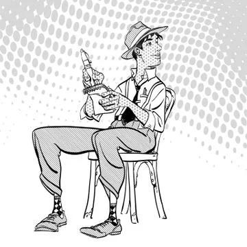 Journalist writes the text. Journalist interviewing somebody. Retro journalist. Stock Illustration