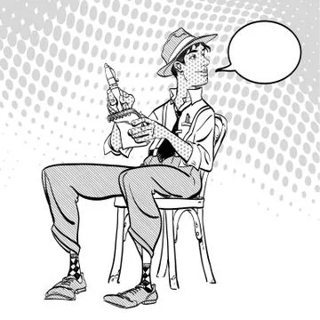 Journalist writes the text. Journalist interviewing somebody. Retro journalist. Stock Illustration