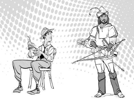 Journalist writes the text. Journalist interviewing Robin Hood. Retro journalist Stock Illustration