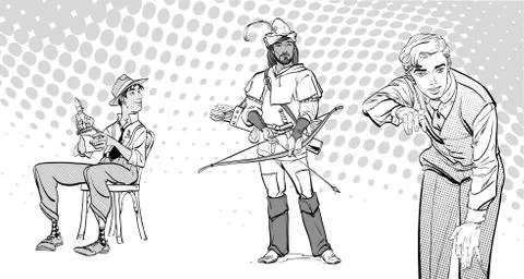 Journalist writes the text. Journalist interviewing Robin Hood. Retro journalist Illustrazione stock