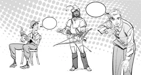 Journalist writes the text. Journalist interviewing Robin Hood. Retro journalist Stock Illustration