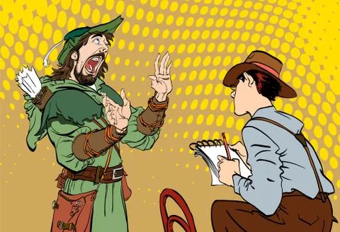 Journalist writes the text. Journalist interviewing Robin Hood. Robin hood Stock Illustration