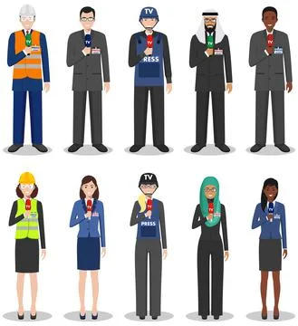 Journalistic concept. Set of different detailed illustration of reporters and Illustrazione stock