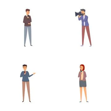 Journalistic reporting icons set cartoon vector. Journalist broadcasting live Stock Illustration