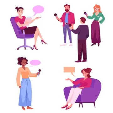Journalists conducting interviews and reporting news, flat vector isolated. Stock Illustration