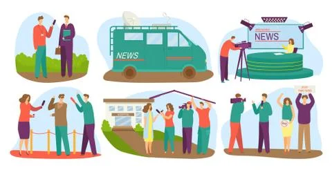 Journalists different channels taking interview, mass media vector illustrations Stock Illustration
