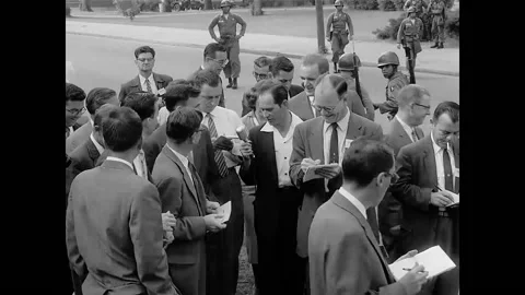 Journalists Interview Little Rock Mayor On Street In The Fifties Stock Footage 153332623