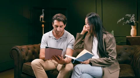 Journalists preparing for a podcast interview in a studio Stock Footage 341483396