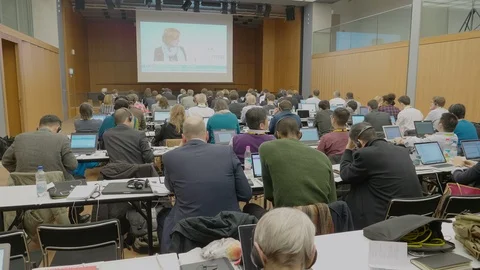 Journalists at the press center of Munich Security Conference 2018 Stock Footage 87338262